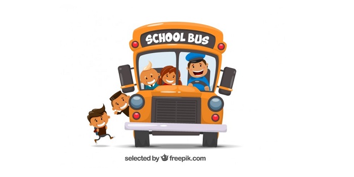 autobus con bambini che sorridono su sfondo bianco