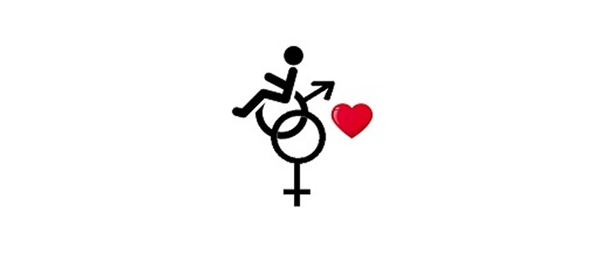 simbolo di omino in carrozzina incorciato con i simboli di maschile e femmiline, insieme ad un cuore
