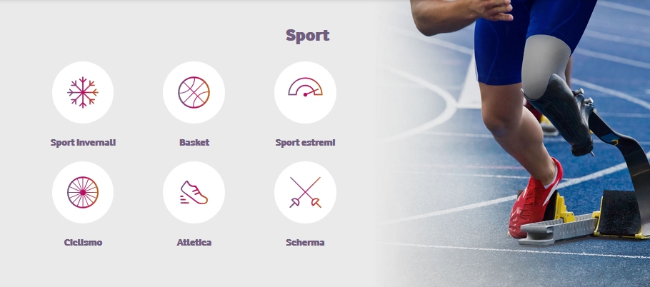 schermata del sito Ogni Sport Oltre, icone di vari sport con accanto una foto di un atleta amputato che corre