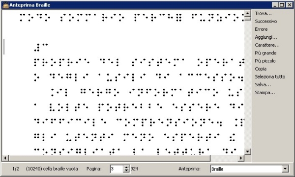Biblos software: screenshot schermata di traduzione in Braille