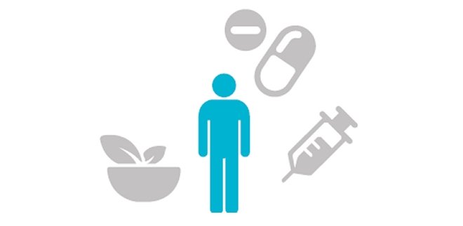 grafica che mostra un omino circonadato da una siringa, una pillola, e una ciotola con verdura