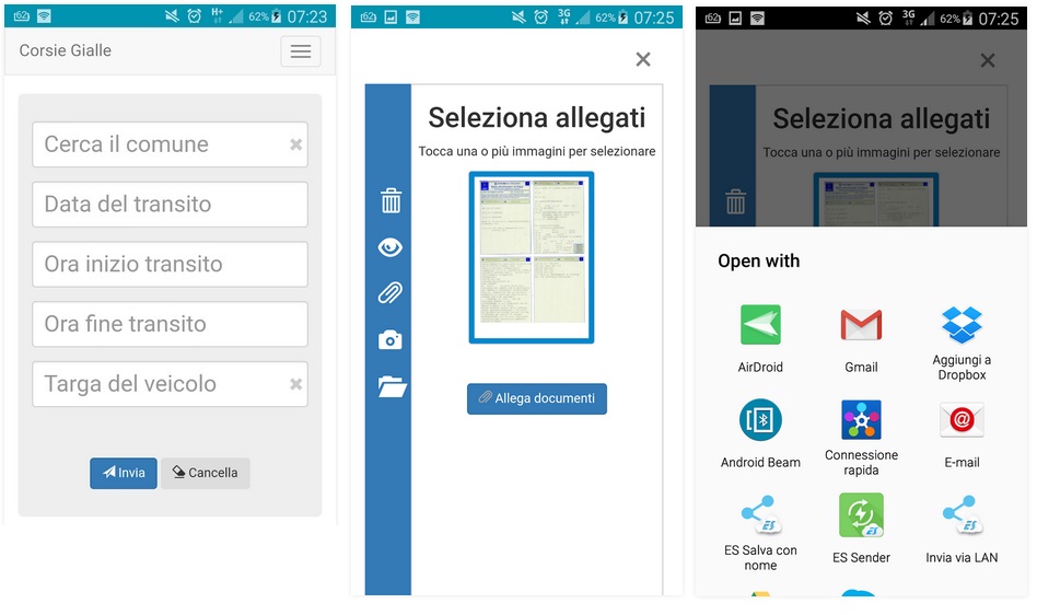 Screen shots delle schermate dell'app Corsie Gialle su smartphone