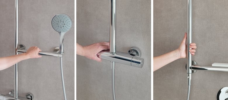 tre foto mostrano il dettaglio della mano di una persona che può appoggiarsi alla colonna doccia 