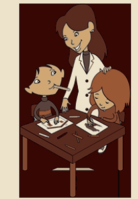 SCUOLA in OSPEDALE: maestra in camice con bambini che disegnano