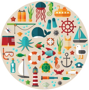 icone di elementi del mondo marino (barche, pesci, faro, ancora eccetera)