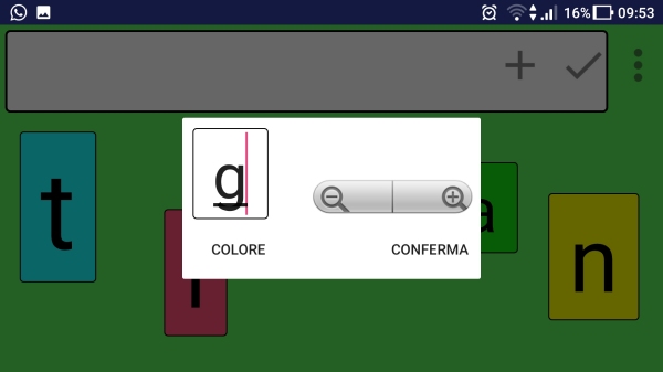 schermata dell'app AlboBoard in cui l'utilizzatore sta impostando colore e dimensione della lettera "G"