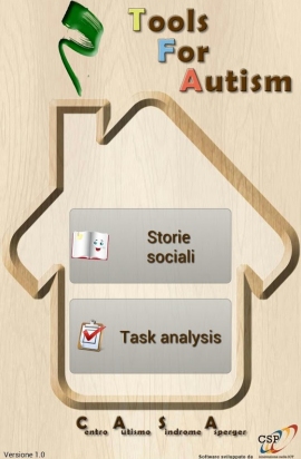 schermata applicazione, il contorno di una casa e il titolo Tools for Autism