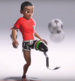 avatar per xbox live che ritrae un ragazzo di colore con protesi sportiva alla gamba che gioca con un pallone da calcio