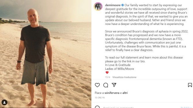 bruce willis in una foto che accompagna il post instagram di demi moore sulla sua diagnosi di demenza frontotemporale