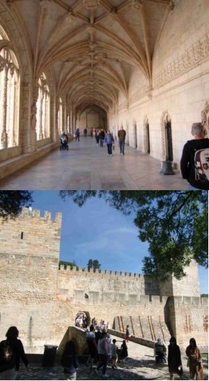 interno del monastero dos Jeronimos ed esterno del Castelo Sao Jorge di Lisbona