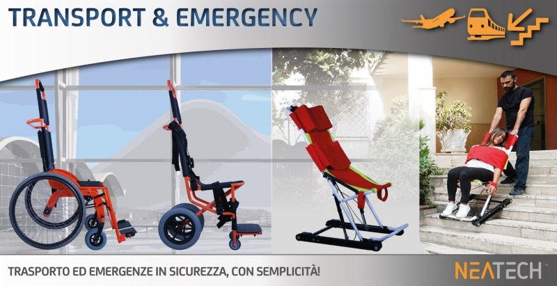 tre modleli di sedie a rotelle per trasporto disabili e emergenza