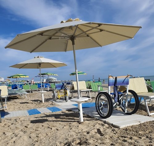 spiaggia attrezzata per persone disabili con ombrelloni, pedane e sedia mare