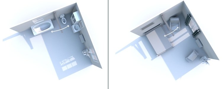 illustrazione di due ambienti con simulazione degli spazi di movimentazioni sollevatore disabili