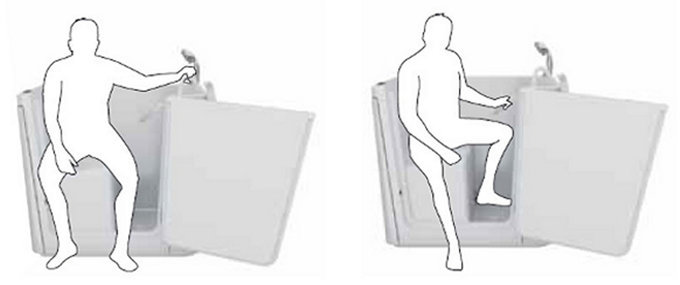 raffigurazione stilizzata su come entrare in vasca, prima sedendosi e poi inserendo le gambe