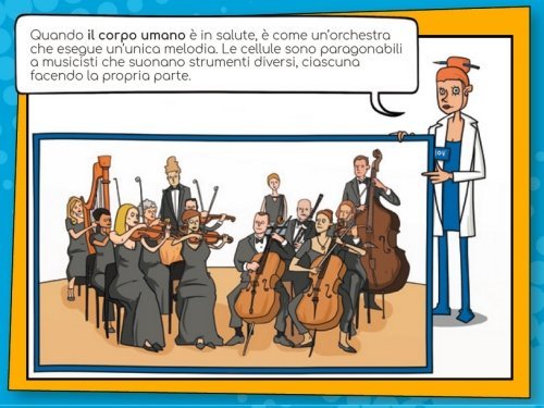 vignetta con la ricercatrice e un'orchestra che rappresenta il corpo umano