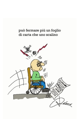 vignetta scuola-burocrazia: disabili in carrozzina fermato con un foglio